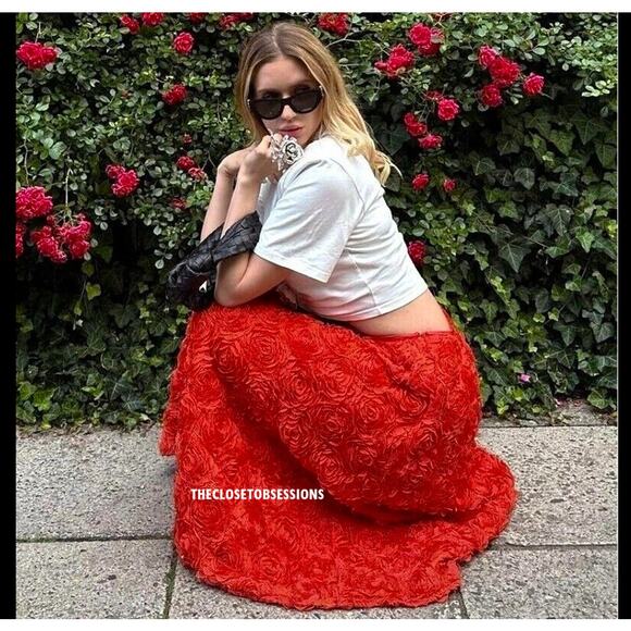 ZARA Floral Voluminous Midi Skirt NWT | Red Textured A-Line - Picture 4 of 16